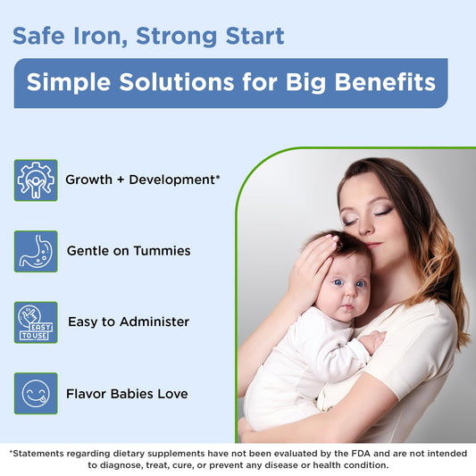 Dropper dispensing cherry-flavored iron drops toward an infant's inner cheek