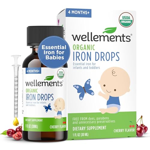 Wellements Organic Iron Drops bottle with cherry flavor for newborns and babies