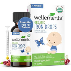 Wellements Organic Iron Drops bottle with cherry flavor for newborns and babies