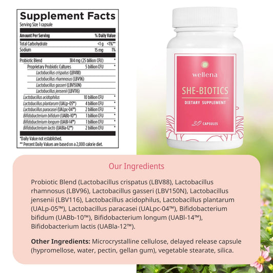 Close-up of Wellena She-Biotics capsules