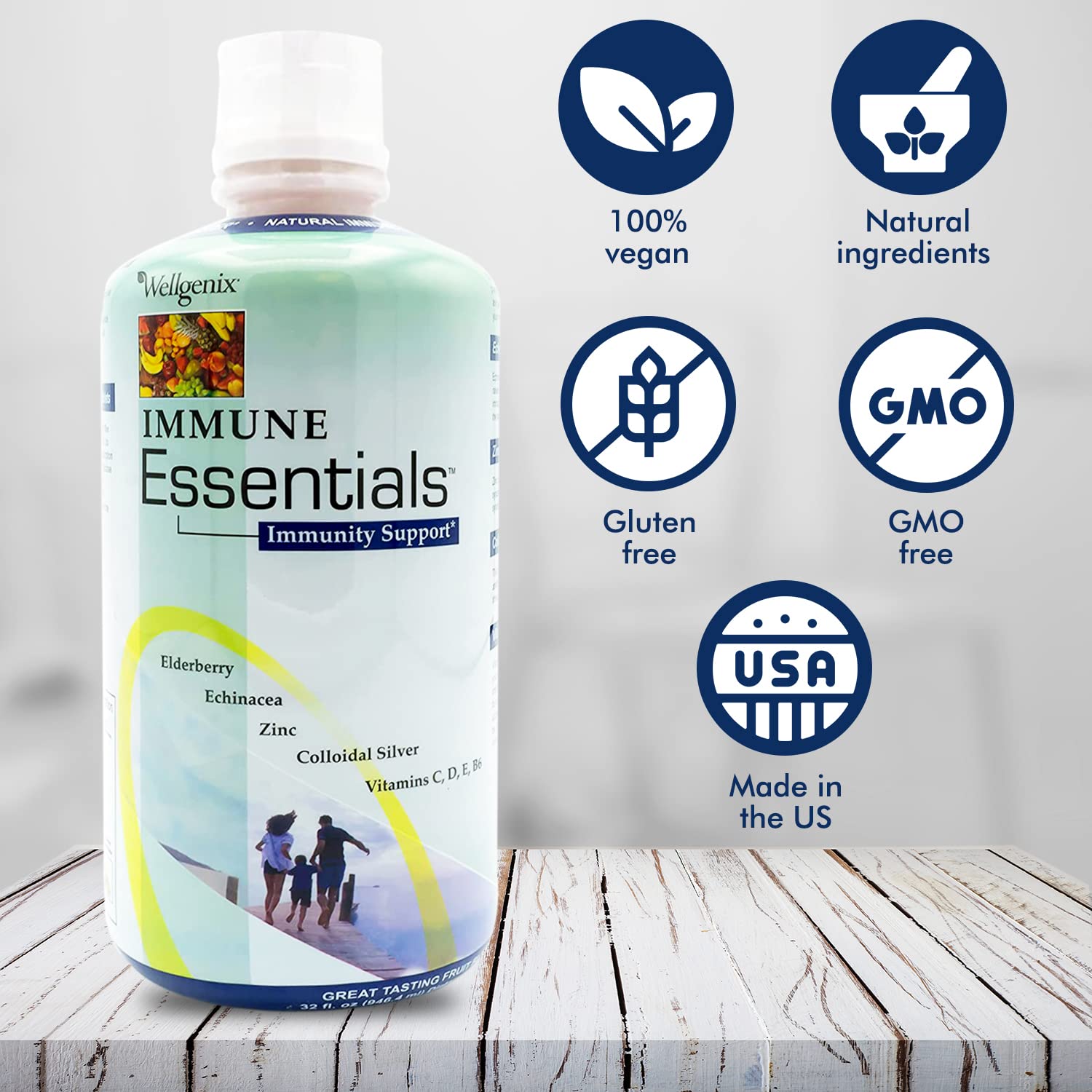 Wellgenix Immune Essentials bottle with glass of juice