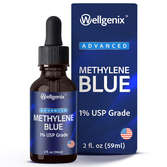 Amber glass bottle of Wellgenix Methylene Blue Drops with glass dropper (2 fl oz)