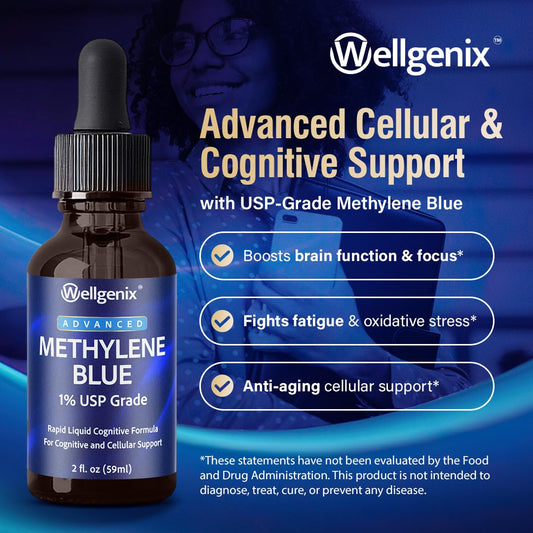 Close-up of Wellgenix Methylene Blue Drops 1% USP Grade