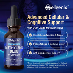 Close-up of Wellgenix Methylene Blue Drops 1% USP Grade