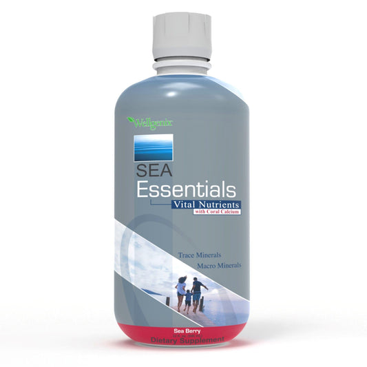 Front view of Wellgenix Sea Essentials Coral Calcium Liquid Vitamin bottle