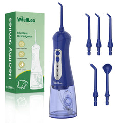 WellLeo Water Flosser handheld unit with nozzle attached