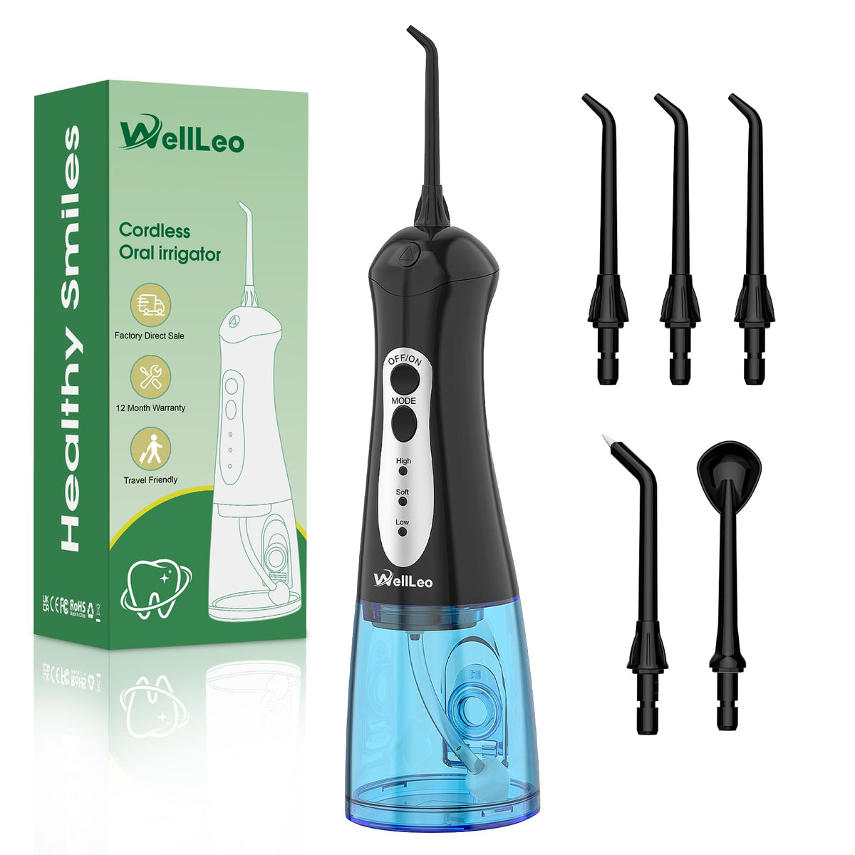 WellLeo Water Flosser with 5 jet tips and compact design