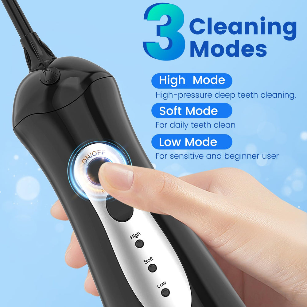 Portable WellLeo water dental flosser shown with USB charging