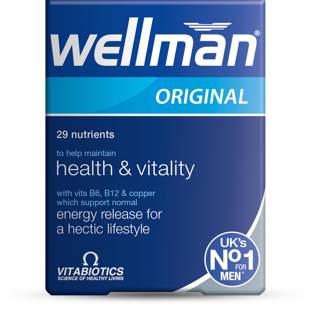 Front view of Vitabiotics Wellman 30 tablets bottle