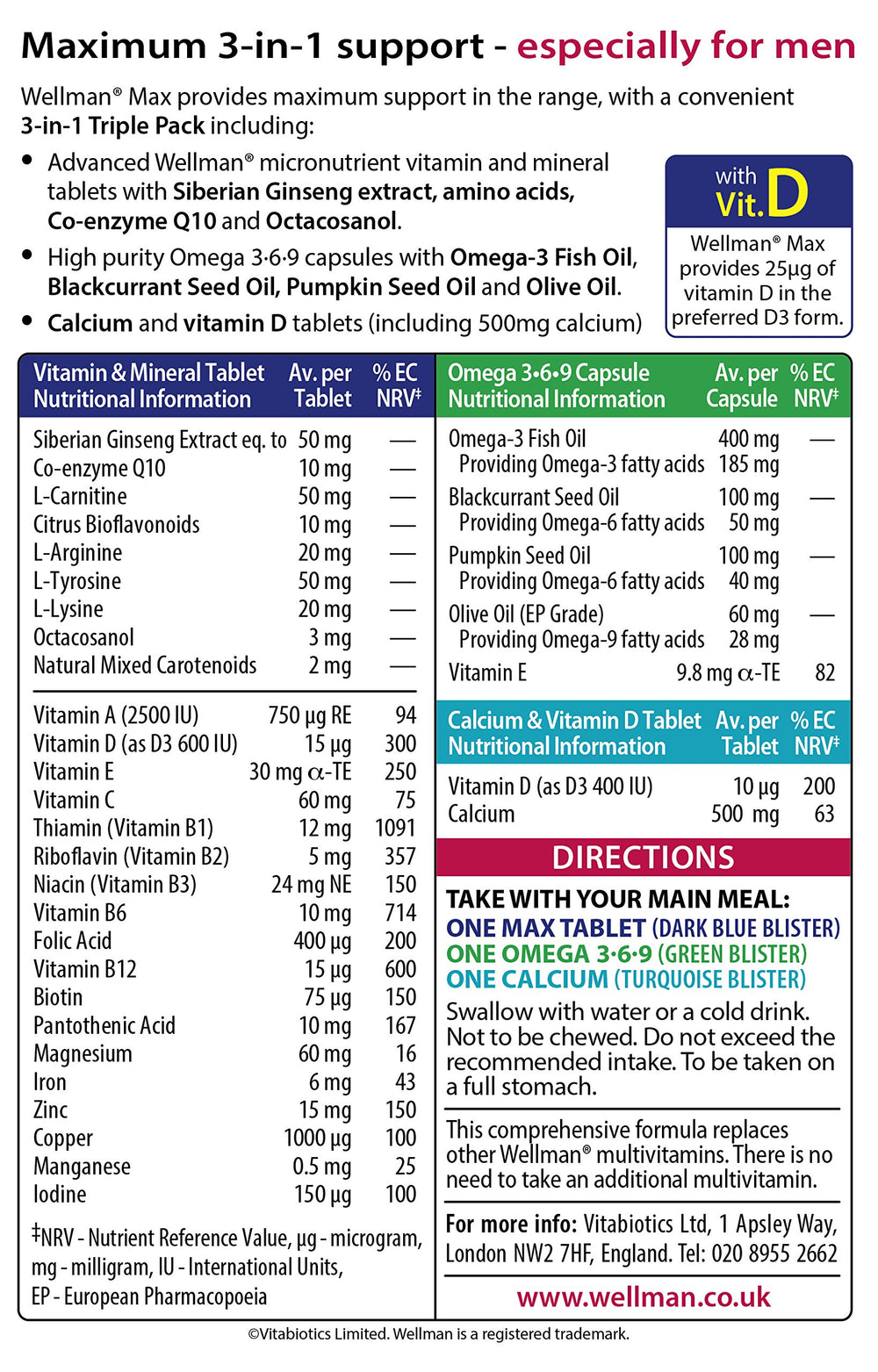 Wellman Max micronutrient tablets and Omega 3-6-9 capsules