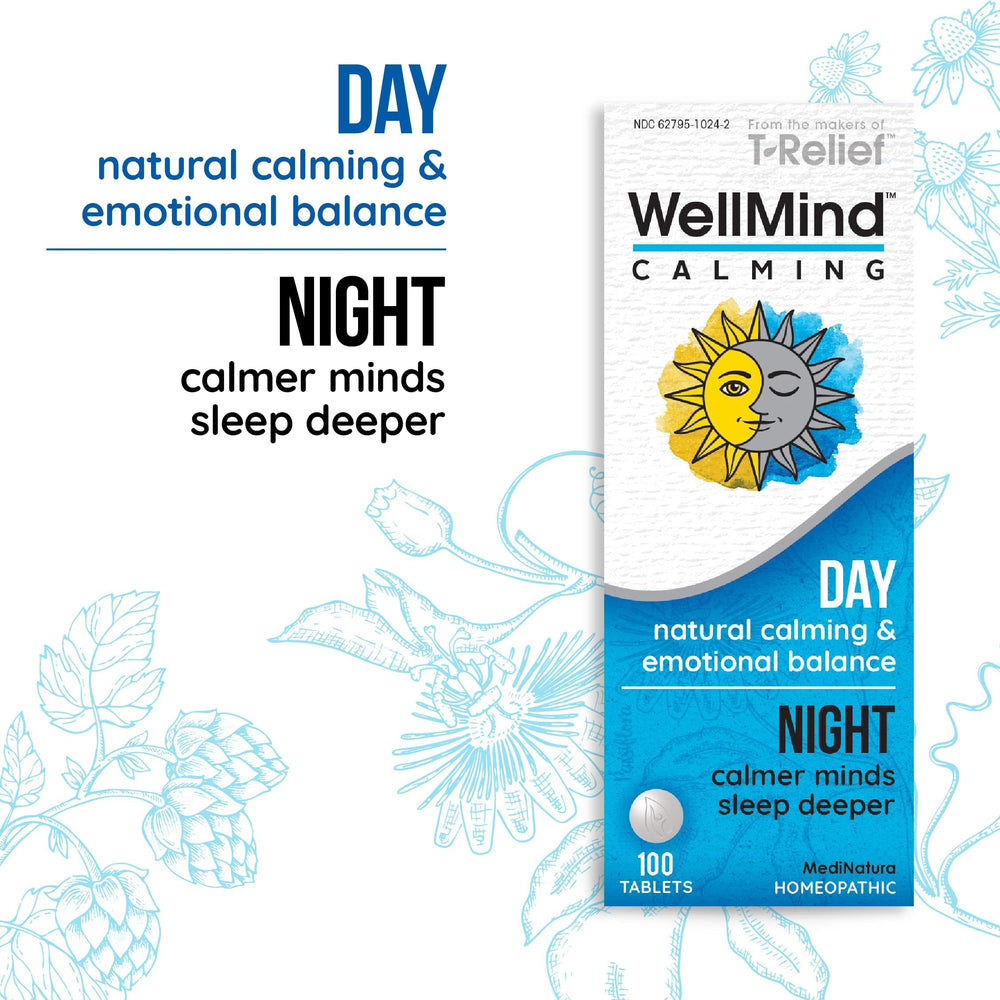 WellMind Calming Tablets packaging and bottle on white background
