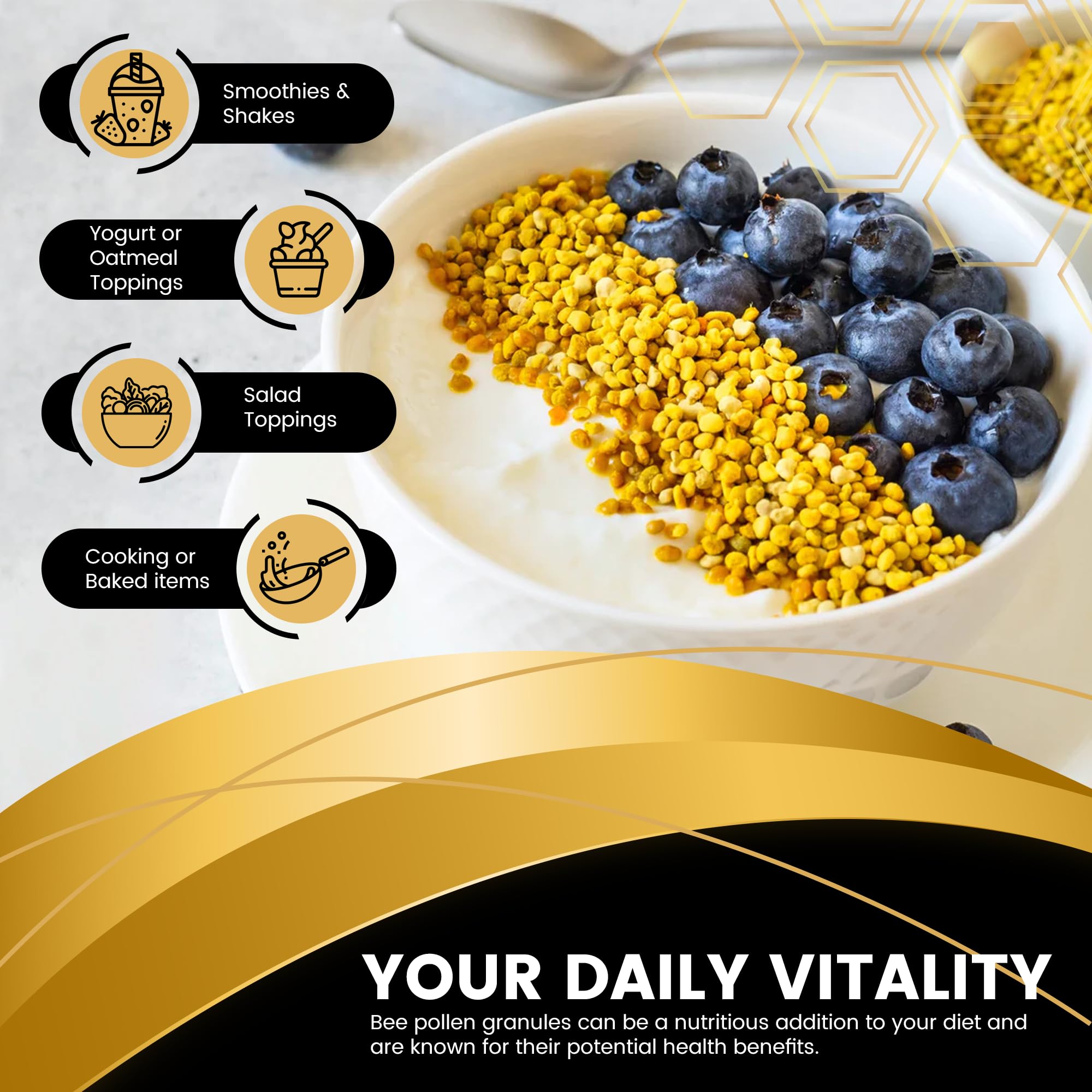 WELLNESS LABSRX Bee pollen granules measured for digestive wellness.