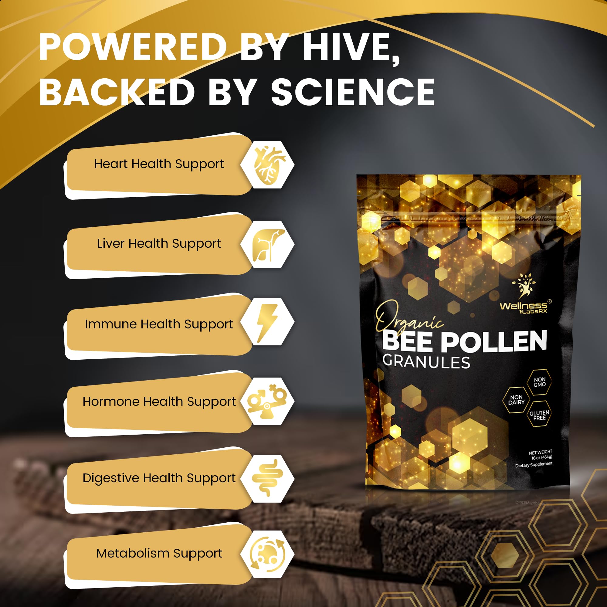 WELLNESS LABSRX Gluten-free organic bee pollen granules in a resealable jar.