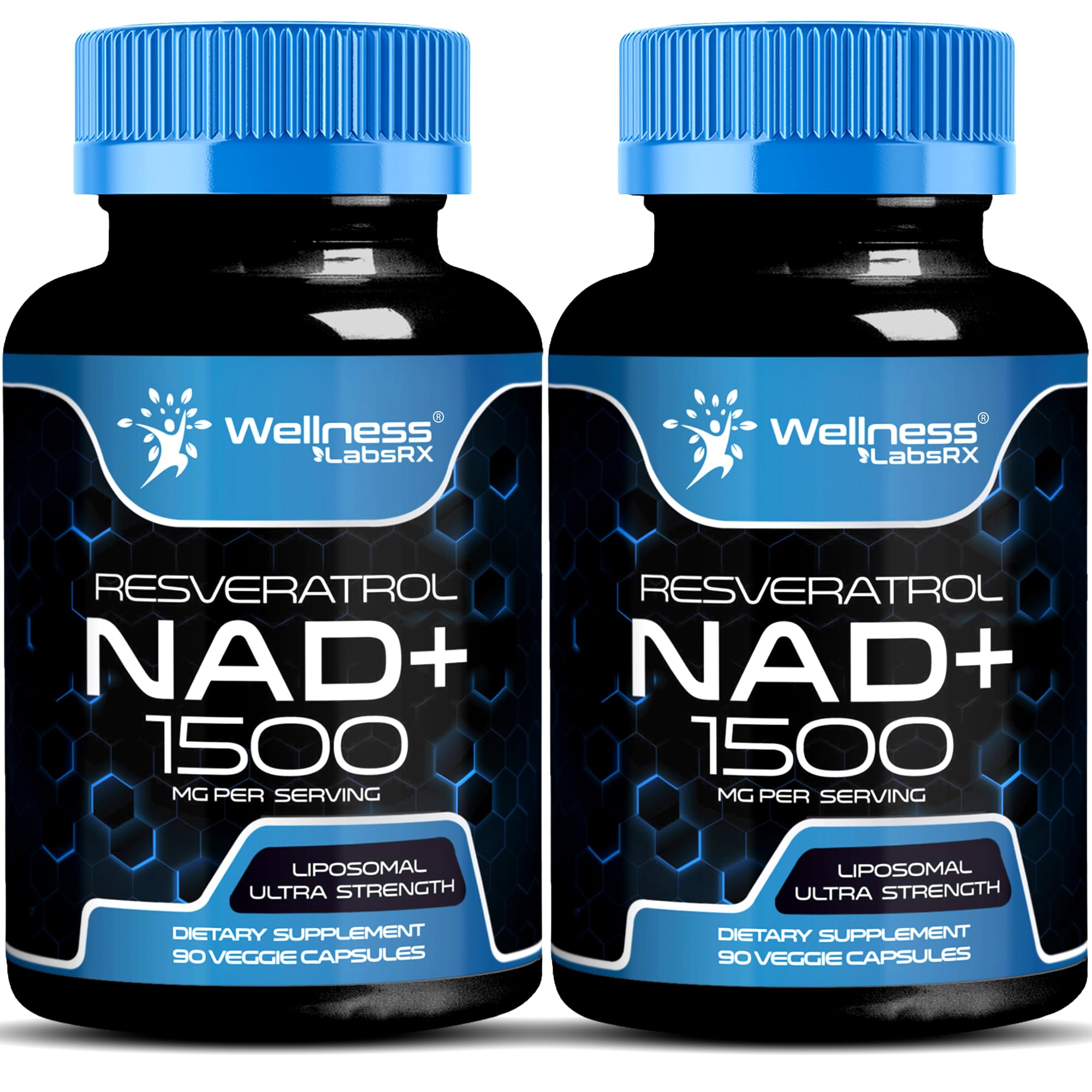 WELLNESS LABSRX liposomal NAD bottle highlighting 1500 mg potency for cellular energy.