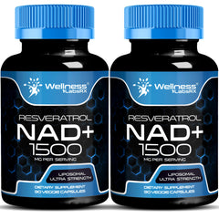WELLNESS LABSRX liposomal NAD bottle highlighting 1500 mg potency for cellular energy.