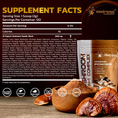 Close-up of 25-in-1 mushroom powder blend with Lion's Mane, Chaga, Shiitake, Cordyceps and Reishi