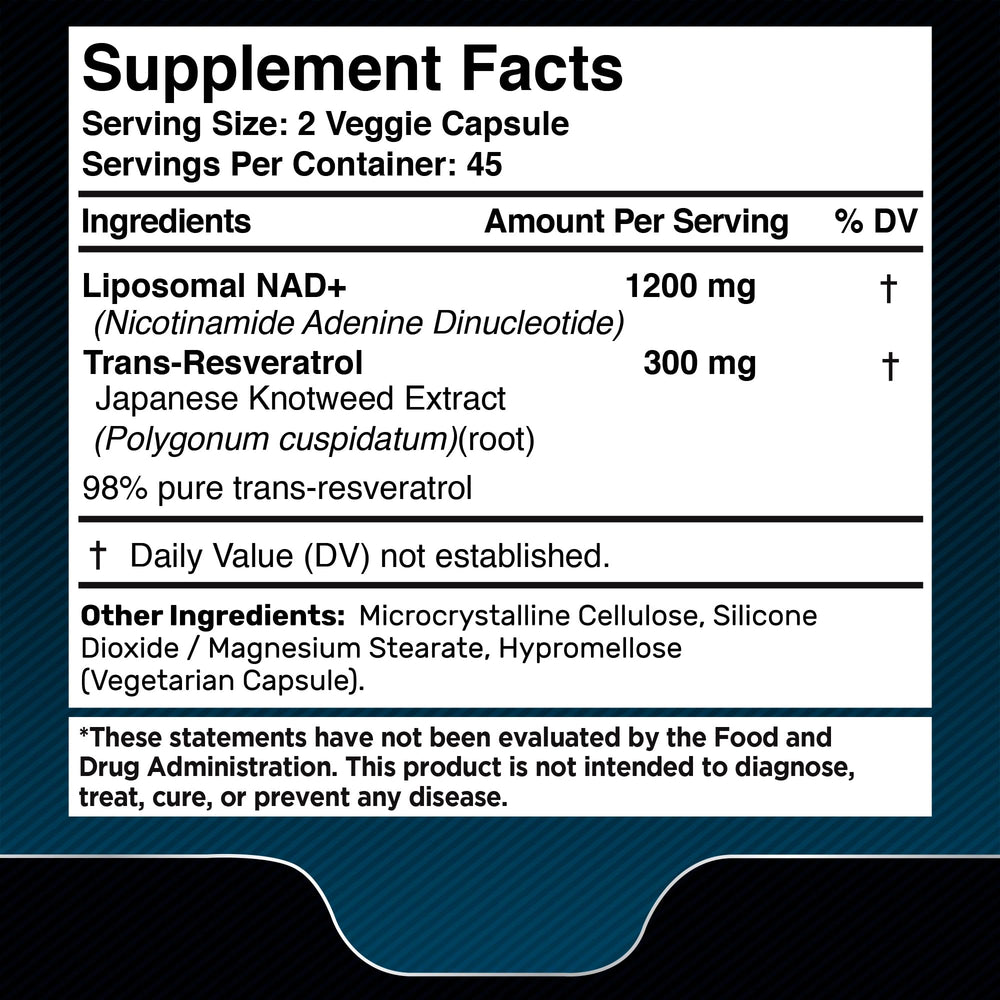 Close-up of NAD+ 1500mg capsules in a 90-count bottle