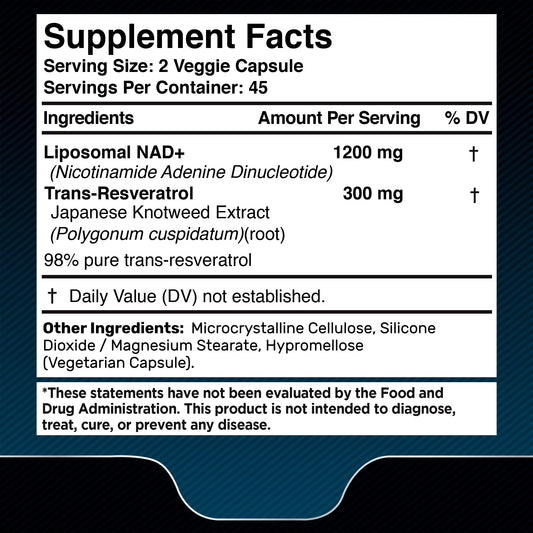 Close-up of NAD+ 1500mg capsules in a 90-count bottle