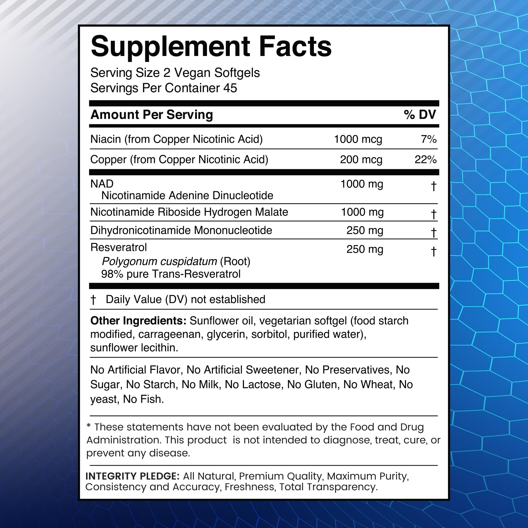 NAD+ NMNH Resveratrol formula close-up label
