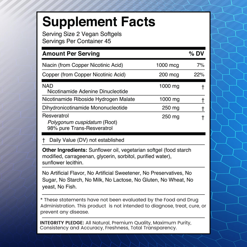 NAD+ NMNH Resveratrol formula close-up label