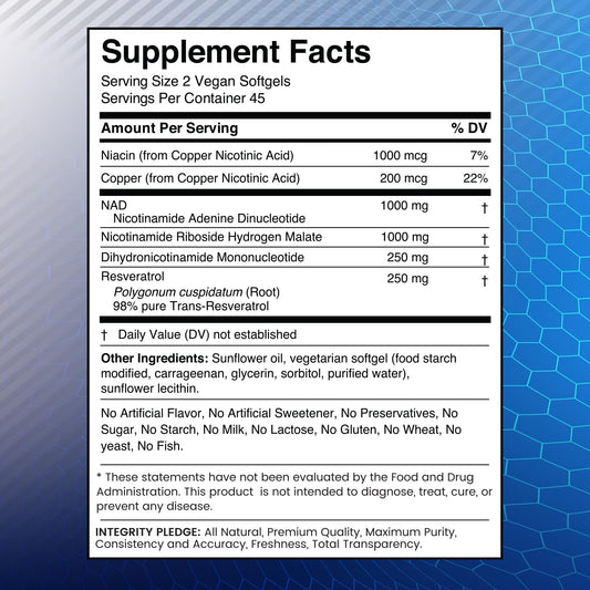NAD+ NMNH Resveratrol formula close-up label