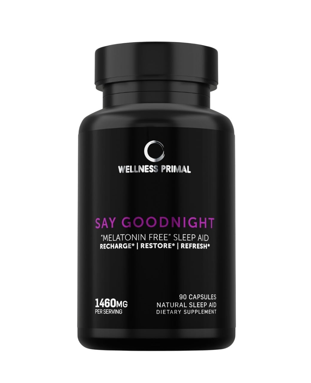 Front view of Wellness Primal Melatonin-Free Sleep Aid bottle with 90 vegan capsules