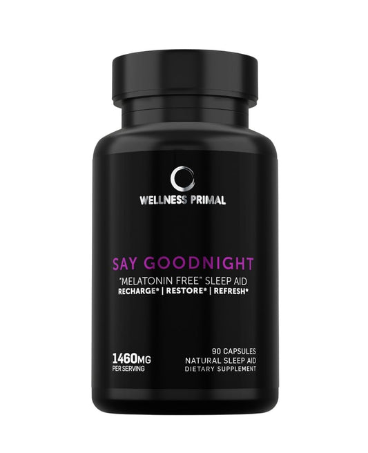 Front view of Wellness Primal Melatonin-Free Sleep Aid bottle with 90 vegan capsules