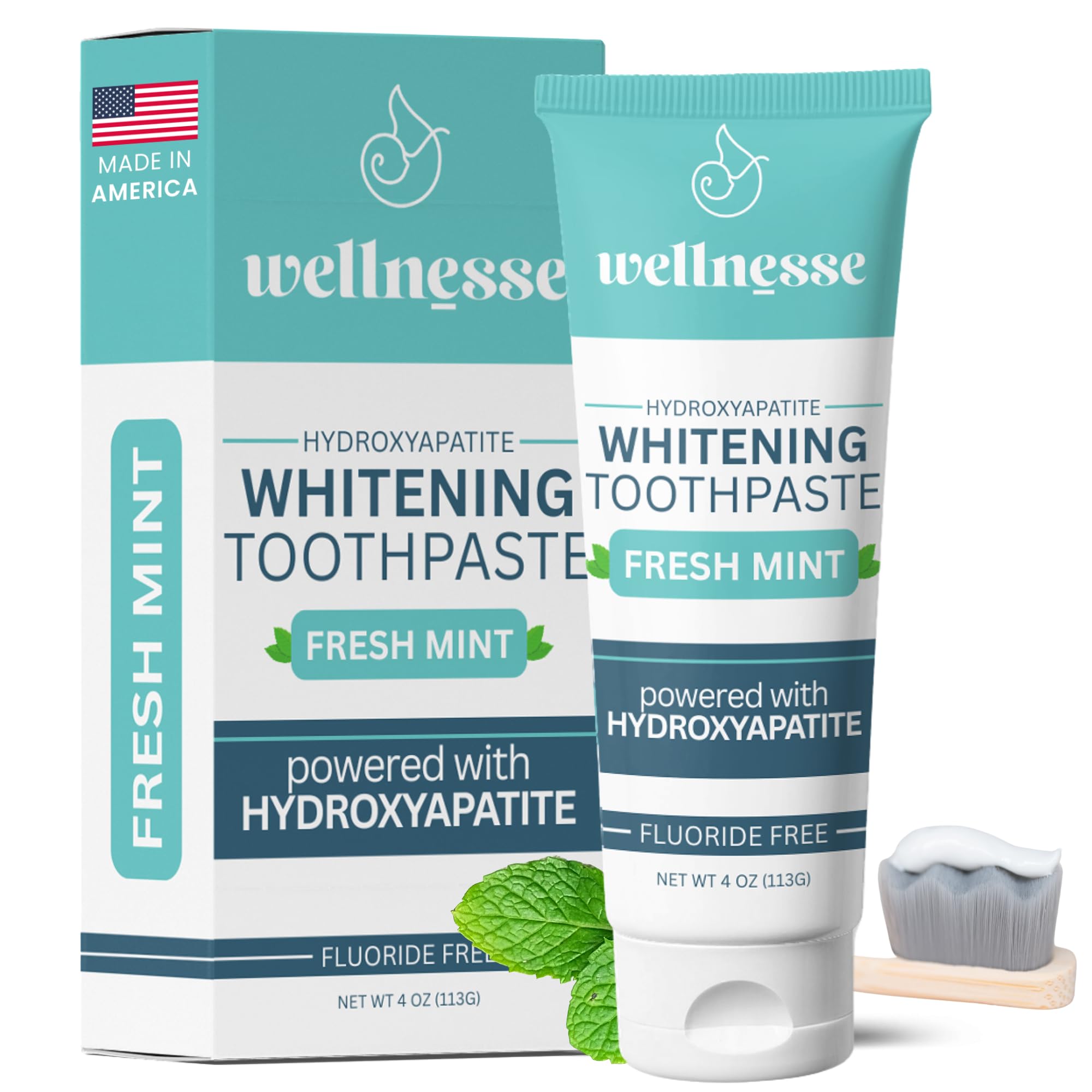 Wellnesse Whitening Hydroxyapatite Toothpaste bottle with mint label, 4 oz