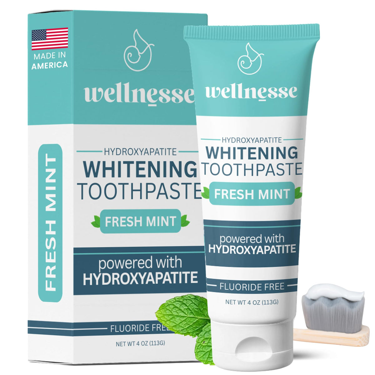Wellnesse Whitening Hydroxyapatite Toothpaste bottle with mint label, 4 oz
