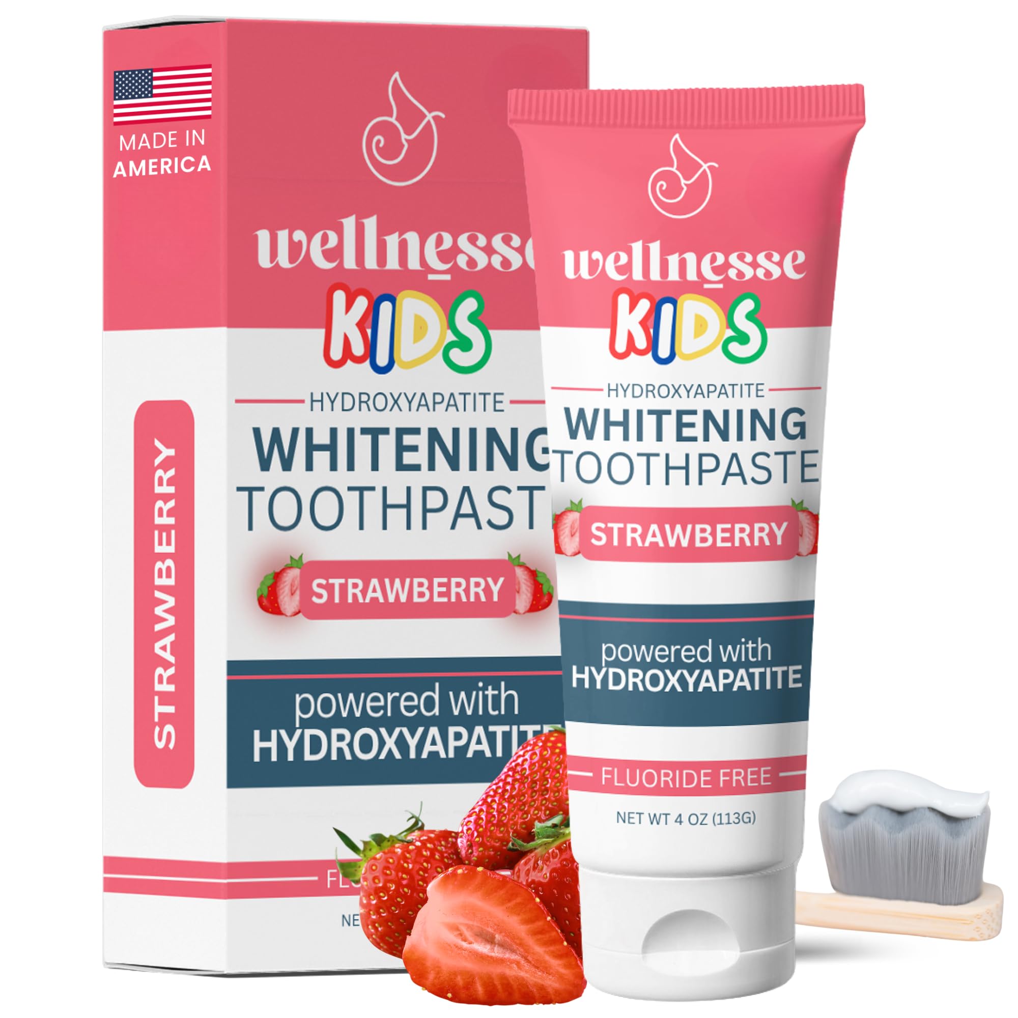 Wellnesse Kids strawberry-flavored toothpaste tube and 4 oz packaging