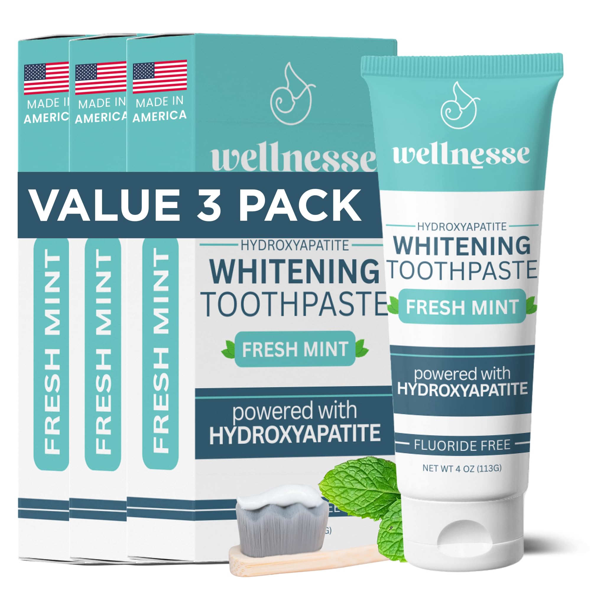 Wellnesse hydroxyapatite fluoride-free whitening toothpaste bottle