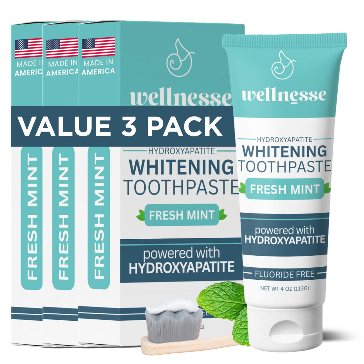 Wellnesse hydroxyapatite fluoride-free whitening toothpaste bottle