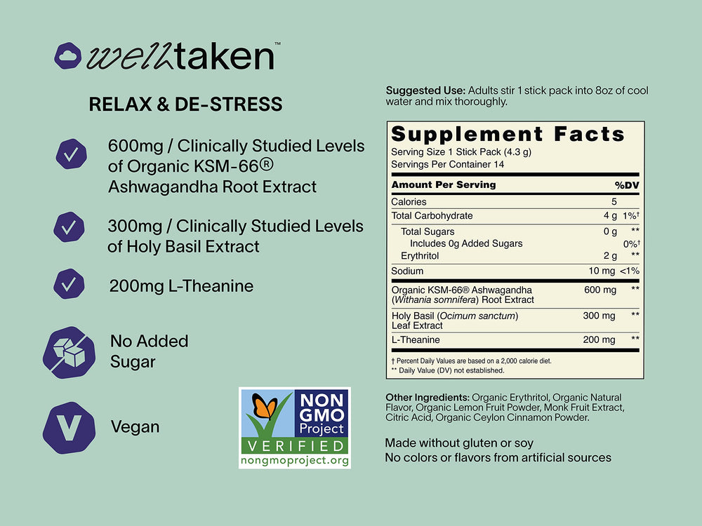 Key ingredients: 600 mg Ashwagandha (KSM-66), 200 mg L-Theanine, 300 mg Holy Basil