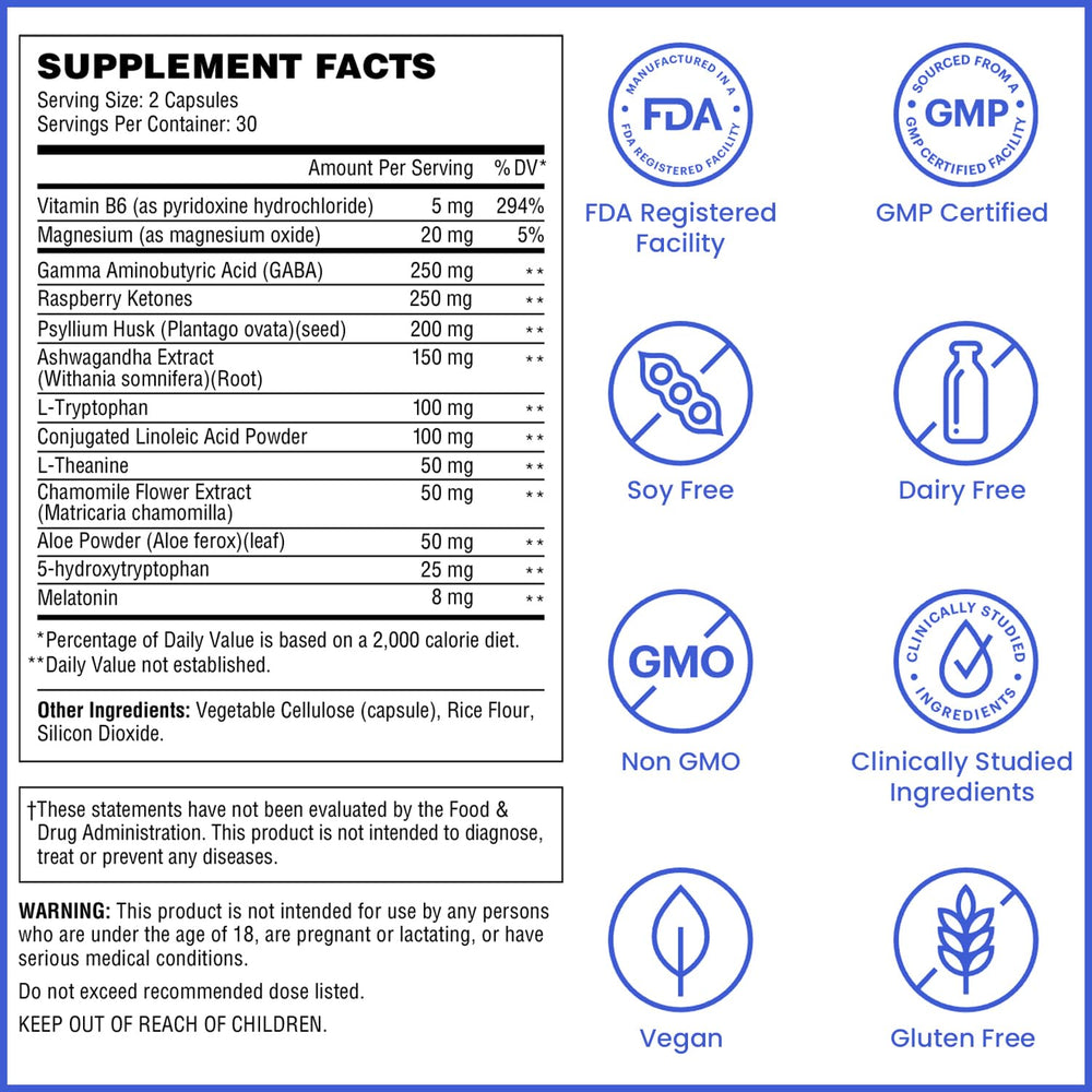 Capsules close-up showing natural ingredients such as ashwagandha and raspberry ketones