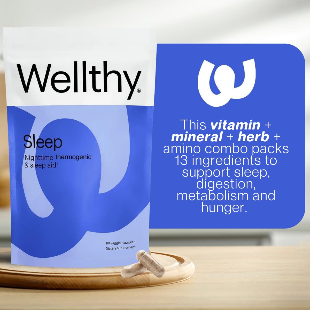 Nighttime setting with Wellthy bottle and glass of water