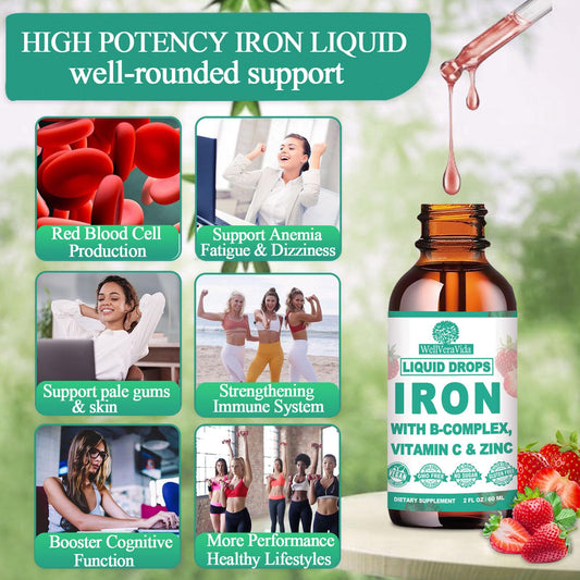 Close-up of WellVeraVida Liquid Iron with multivitamin ingredients
