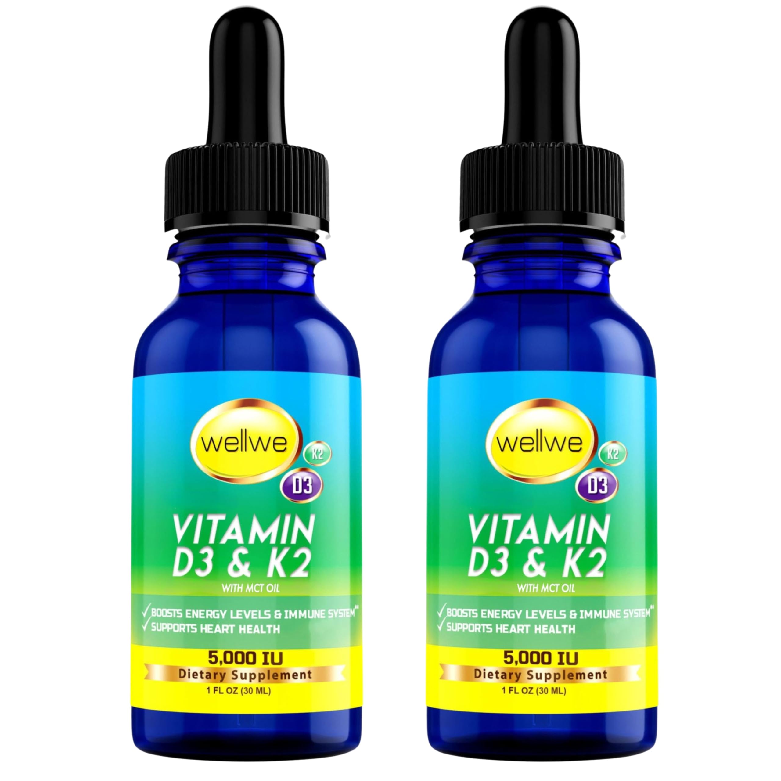 Front view of WellWe two 2 oz bottles of liquid vitamin D3 K2 drops with MCT oil