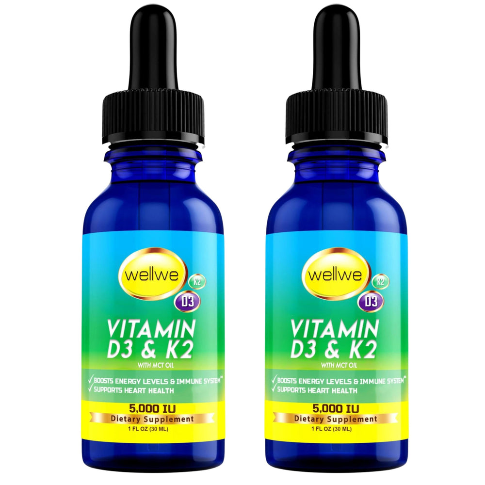 Front view of WellWe two 2 oz bottles of liquid vitamin D3 K2 drops with MCT oil