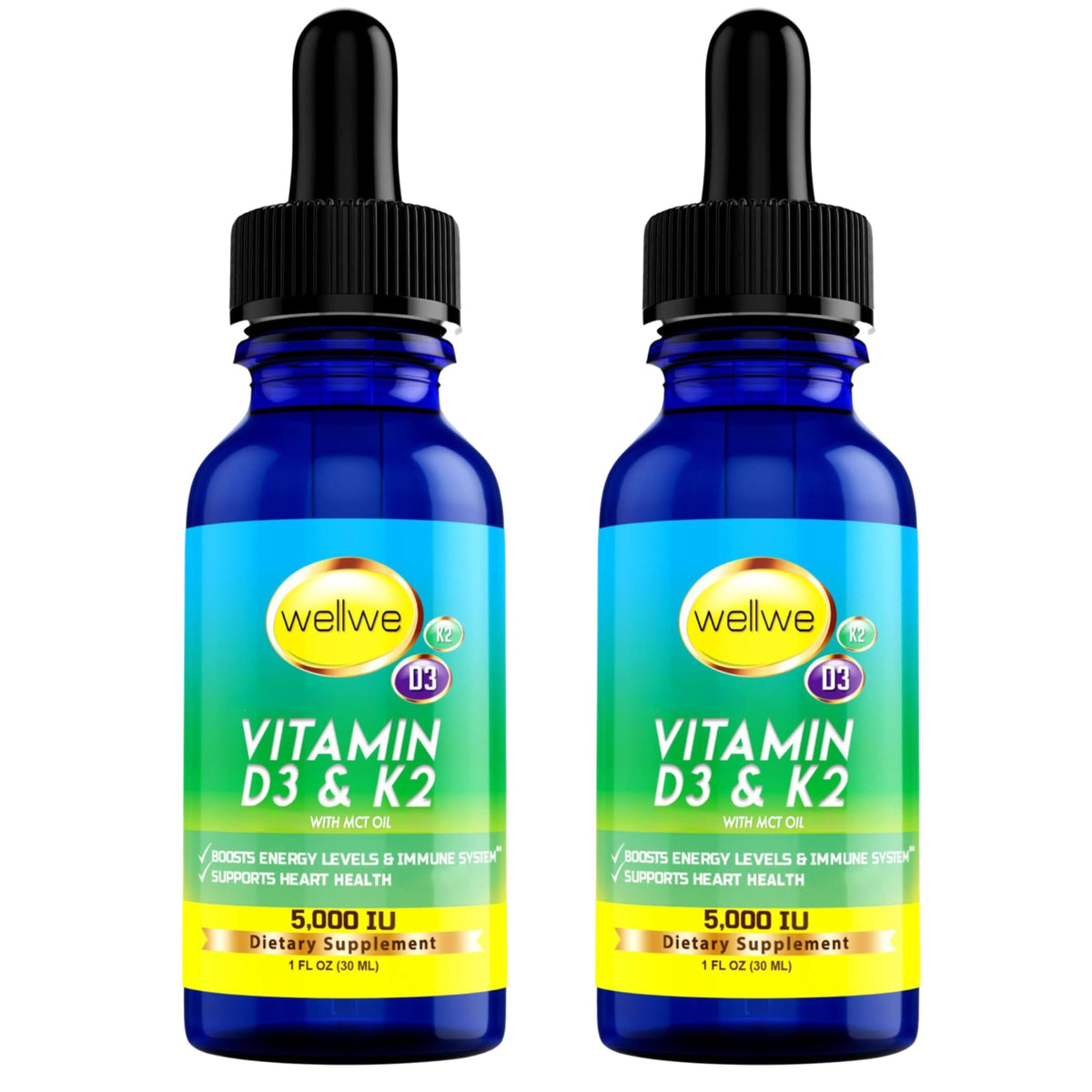 Front view of WellWe two 2 oz bottles of liquid vitamin D3 K2 drops with MCT oil