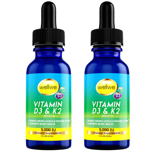 Front view of WellWe two 2 oz bottles of liquid vitamin D3 K2 drops with MCT oil