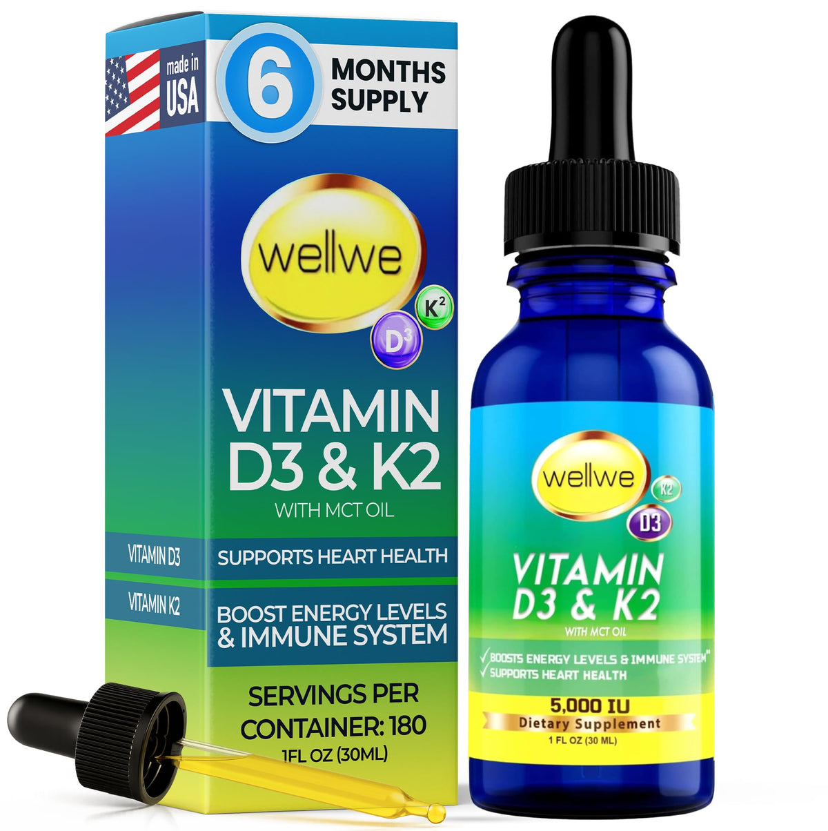 WellWe Vitamin D3 K2 Liquid Drops bottle with dropper, 1 fl oz
