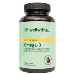 Front view of WellWithAll Omega-3 Fish Oil Softgel bottle with label