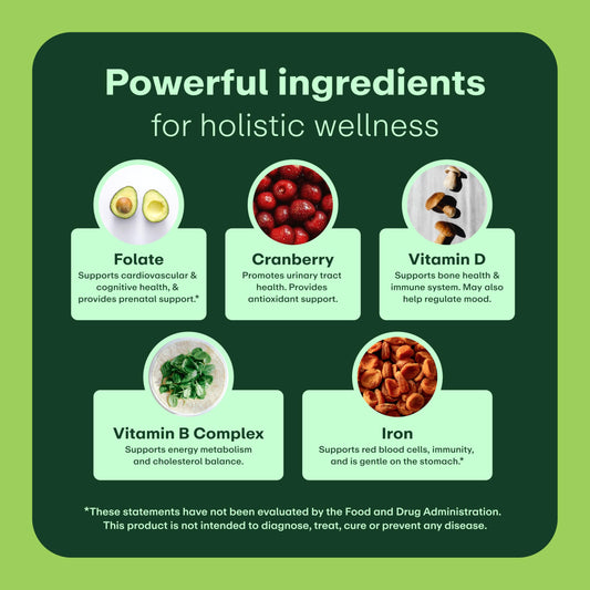 Close-up of bottle label highlighting benefits: immunity, heart, bone health