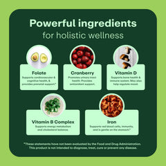 Close-up of bottle label highlighting benefits: immunity, heart, bone health