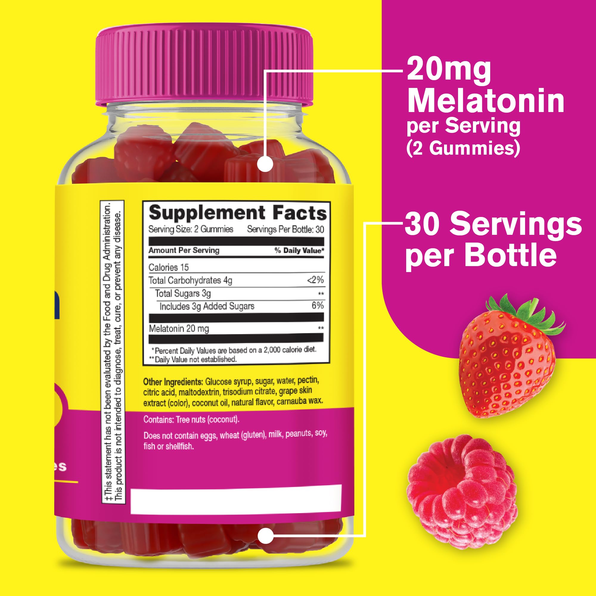 Two gummies showing texture and 20 mg per serving