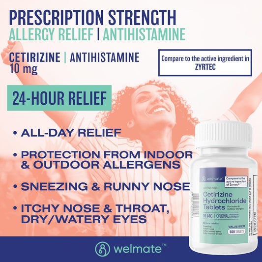 WELMATE 24-hour relief tablets provide steady allergy support.