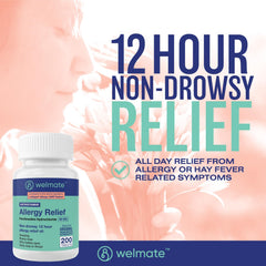 WELMATE allergy pills packaging on shelf highlights gluten-free, OTC allergy solution.