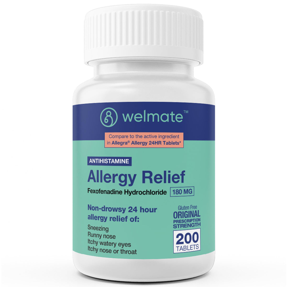 WELMATE Allergy Relief bottle pour illustrating all-day allergy support.