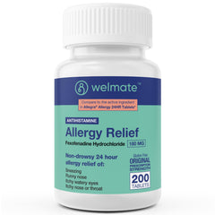 WELMATE Allergy Relief bottle pour illustrating all-day allergy support.