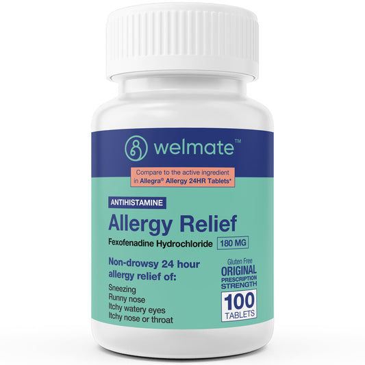 WELMATE Allergy Relief 180 mg tablets in a 100-count bottle for all-day relief.